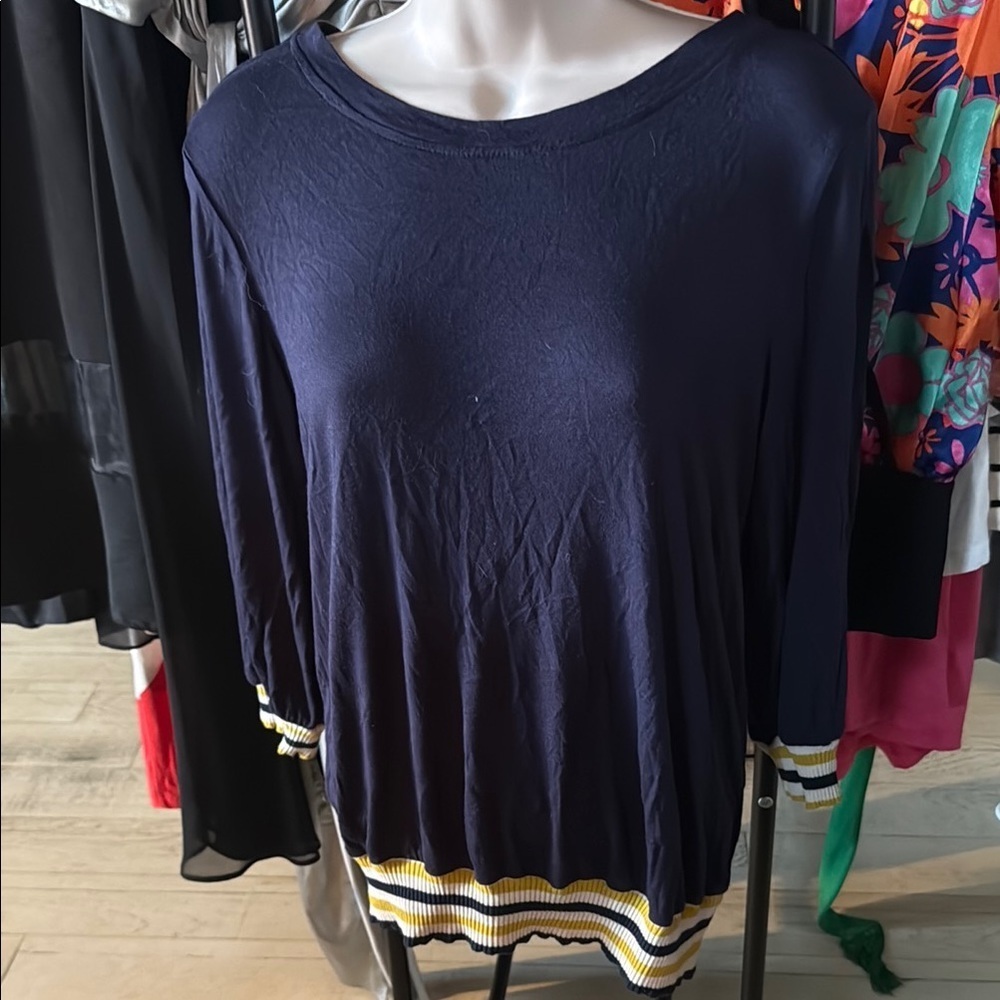 Anthropologie Navy Top with Striped Hem
